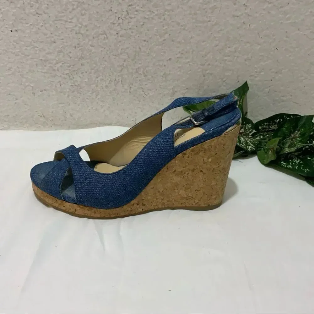 Jimmy Choo Amely 105 Slingback Sandals Denim Cork Wedges size 39.5